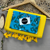 Yellow Handloom Cotton Saree With Sky Print Blouse